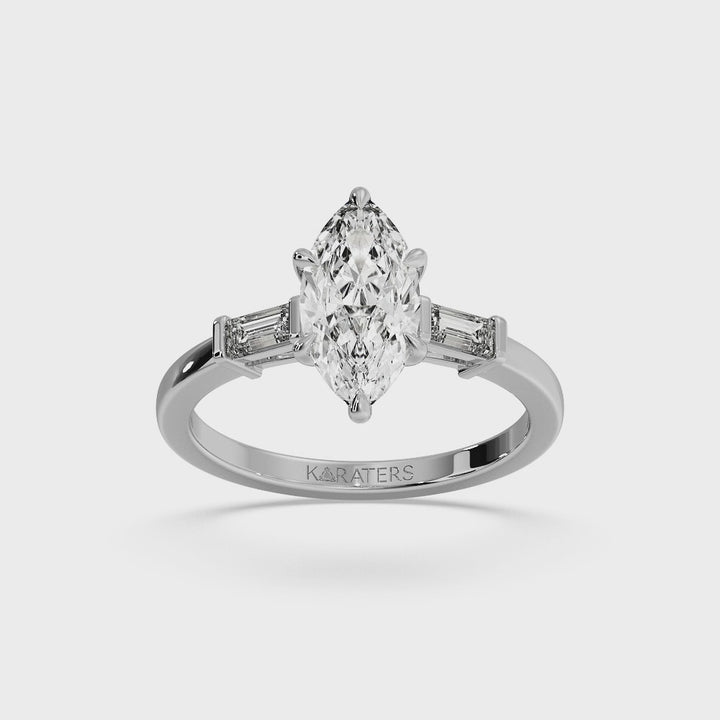 Iris - Marquise Cut Lab White Gold Diamond Ring With Baguette SideStones