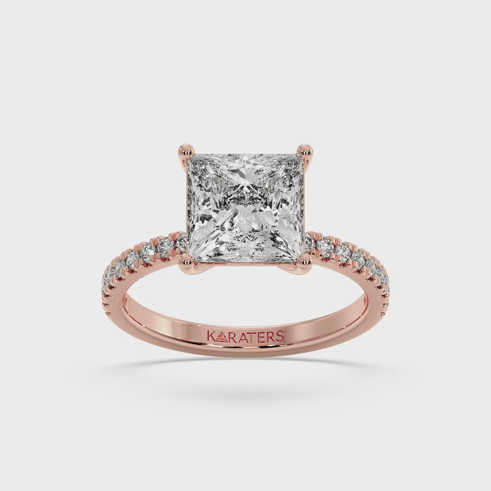 Princess cut Lab Diamond Ring with Pave SideStones Rose Gold