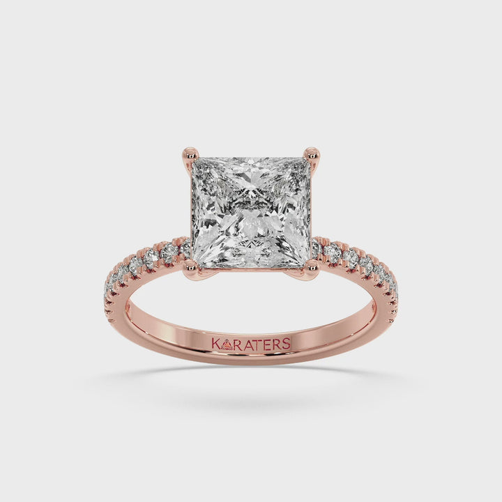 Princess cut Lab Diamond Ring with Pave SideStones Rose Gold