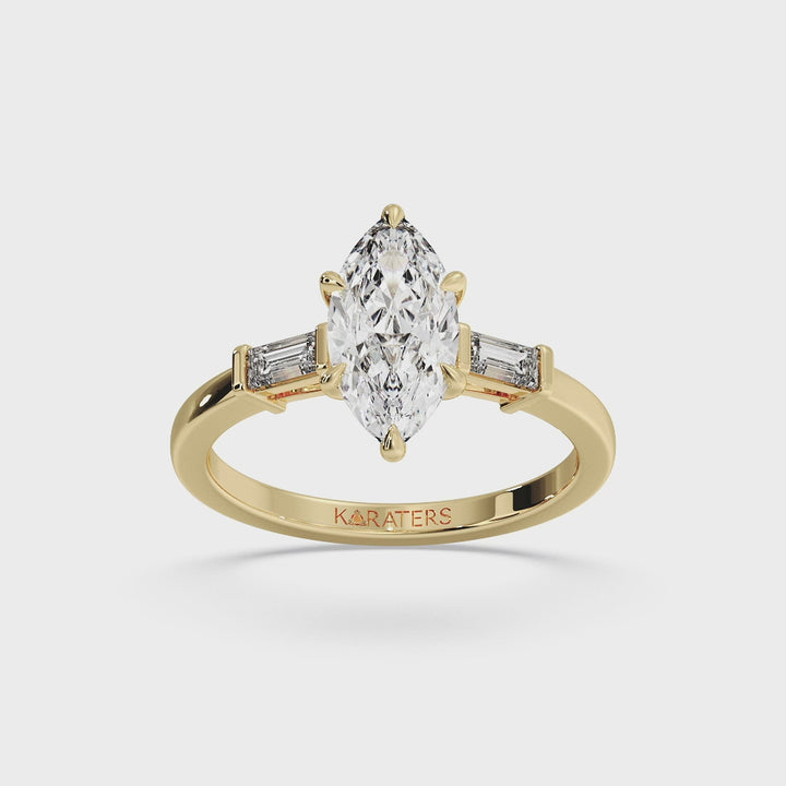 Iris - Marquise Cut Lab Yellow Gold Diamond Ring With Baguette SideStones