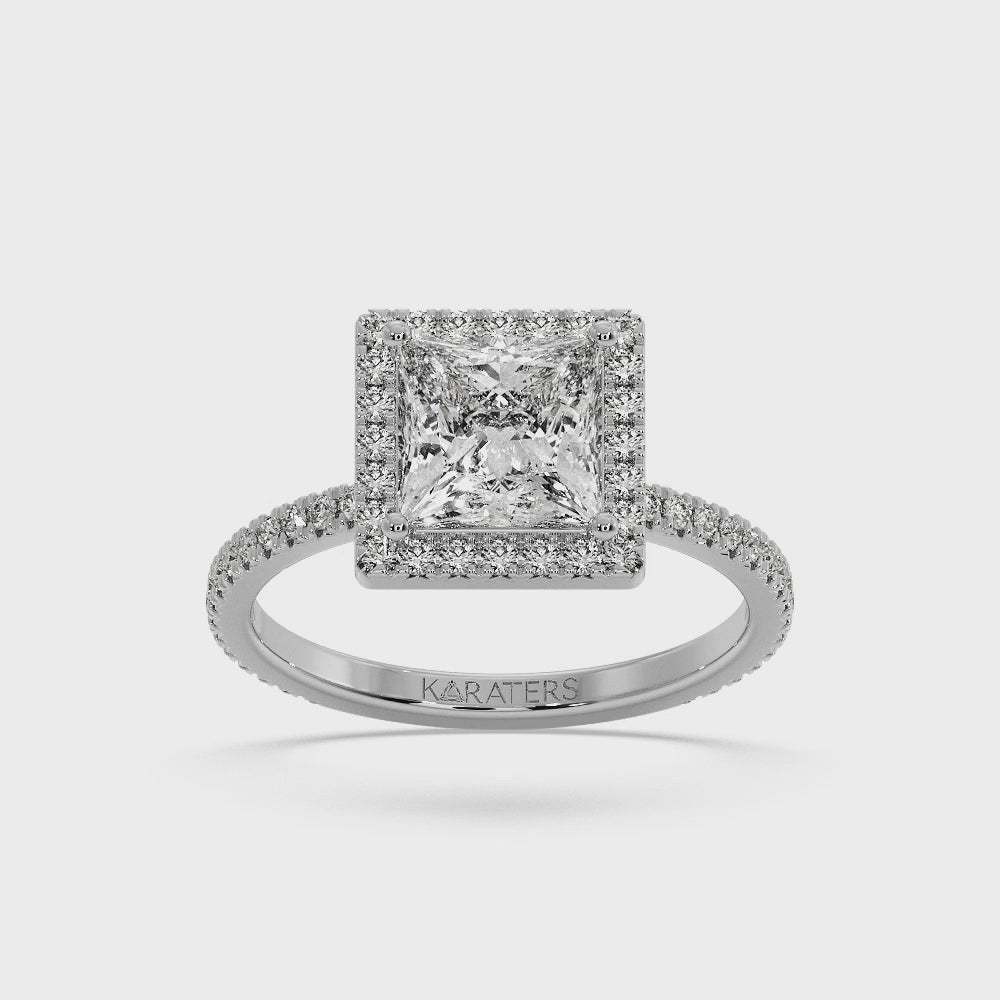 Princess Lab Diamond Ring with Pavé Side Stones & Halo White