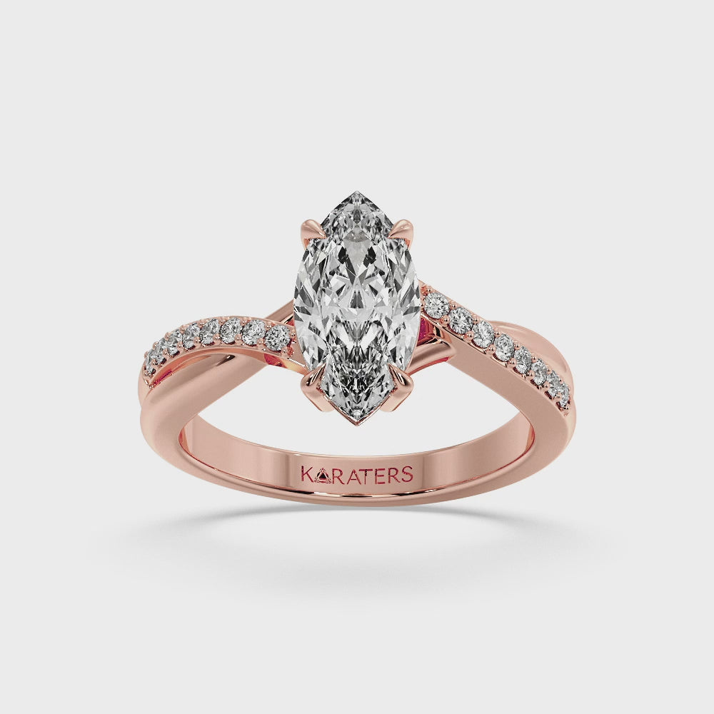Lobelie - Marquise Cut Lab Grown Diamond Engagement Ring With Twist Pave Band, Rose Gold
