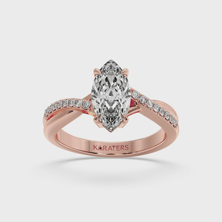 Lobelie - Marquise Cut Lab Grown Diamond Engagement Ring With Twist Pave Band, Rose Gold