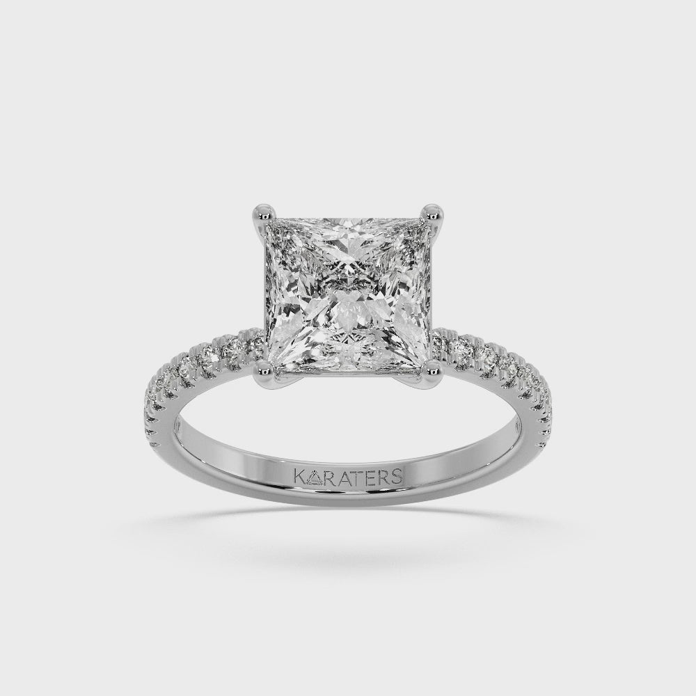 Princess cut Lab Diamond Ring with Pave SideStones White Gold