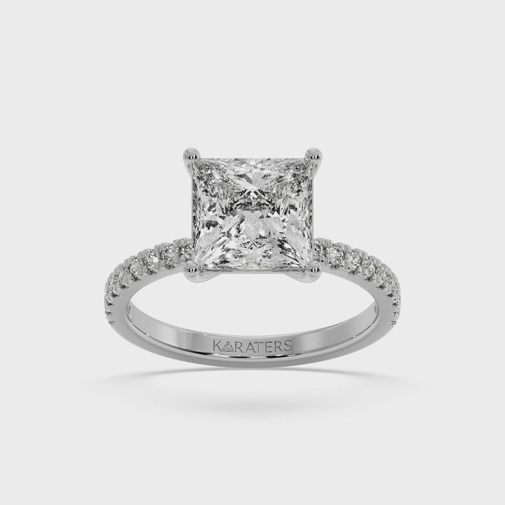 Princess cut Lab Diamond Ring with Pave SideStones White Gold