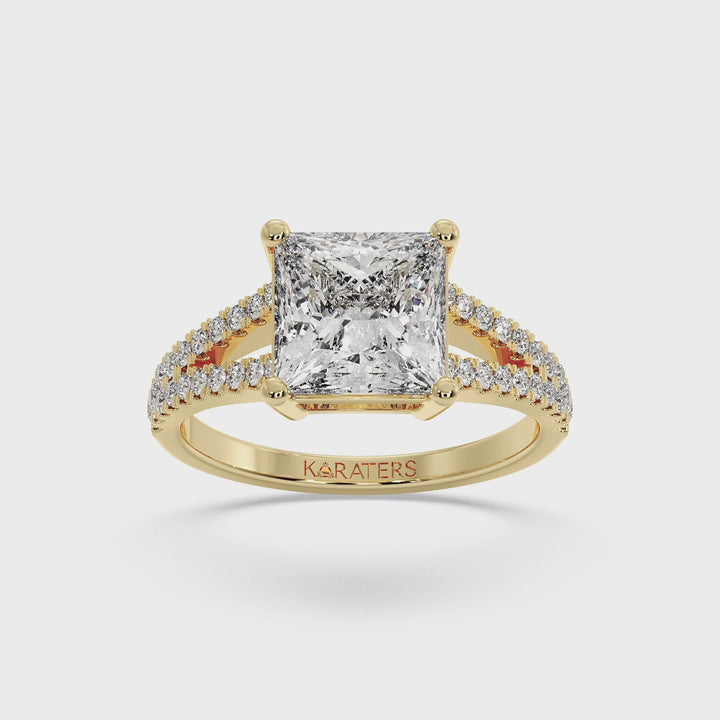 Princess-Cut Yellow Gold Ring Double Band & Side Stones