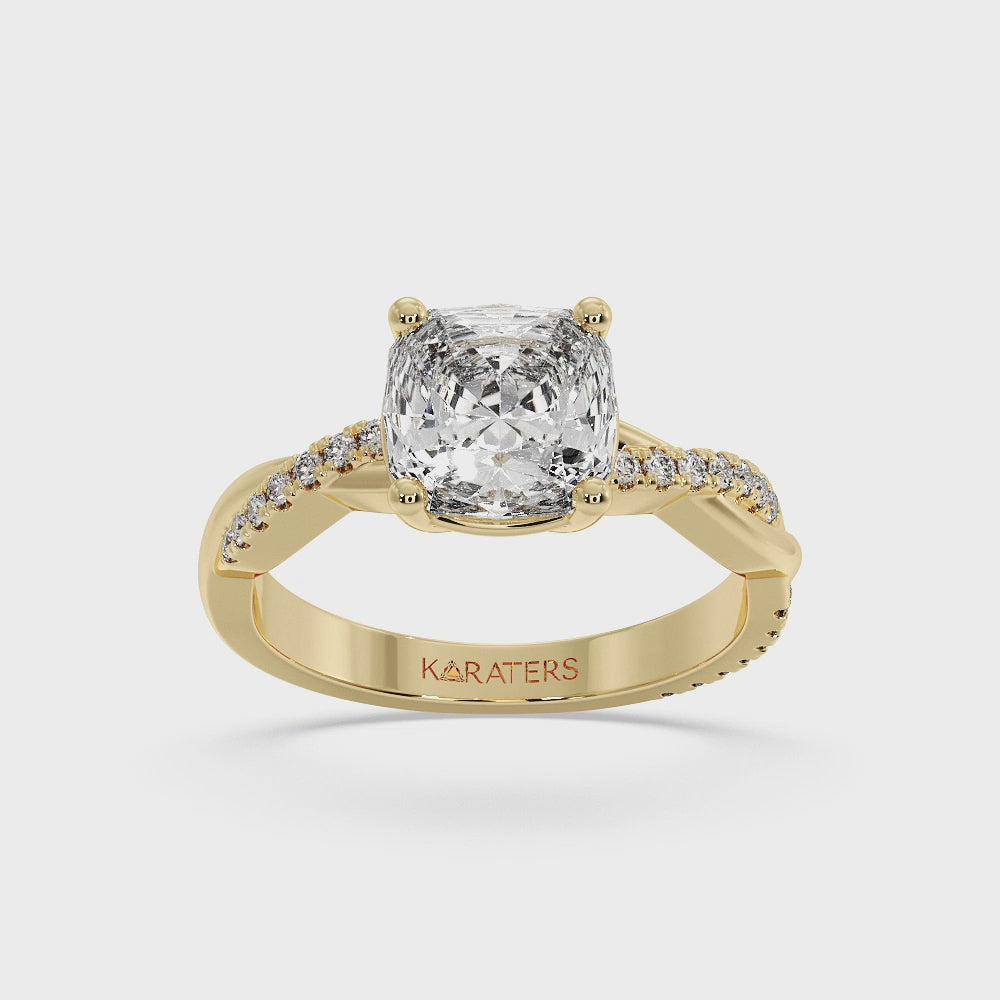 Cushion Cut Lab Diamond Ring Twist & SideStones Yellow Gold
