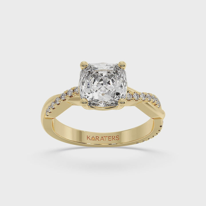 Cushion Cut Lab Diamond Ring Twist & SideStones Yellow Gold