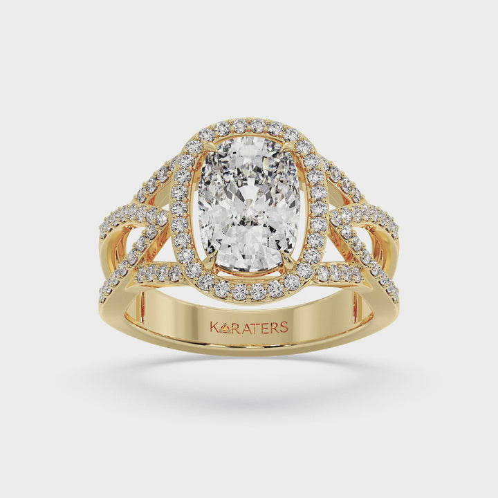 Anemone - Elongated Cushion Cut Lab Grown Yellow Gold Diamond Engagement Ring with Twist Band and Sidestones