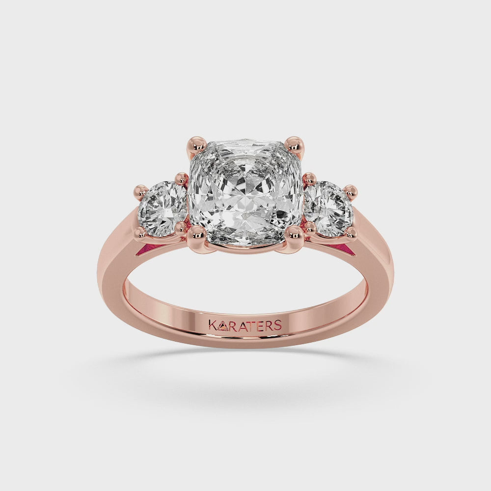 Cushion Cut Solitaire Lab Diamond Rose Ring SideStones