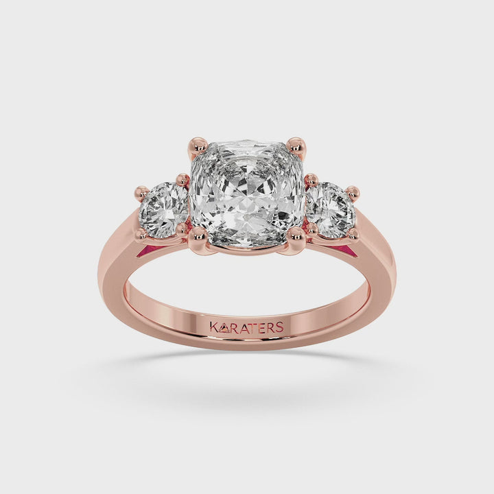 Cushion Cut Solitaire Lab Diamond Rose Ring SideStones