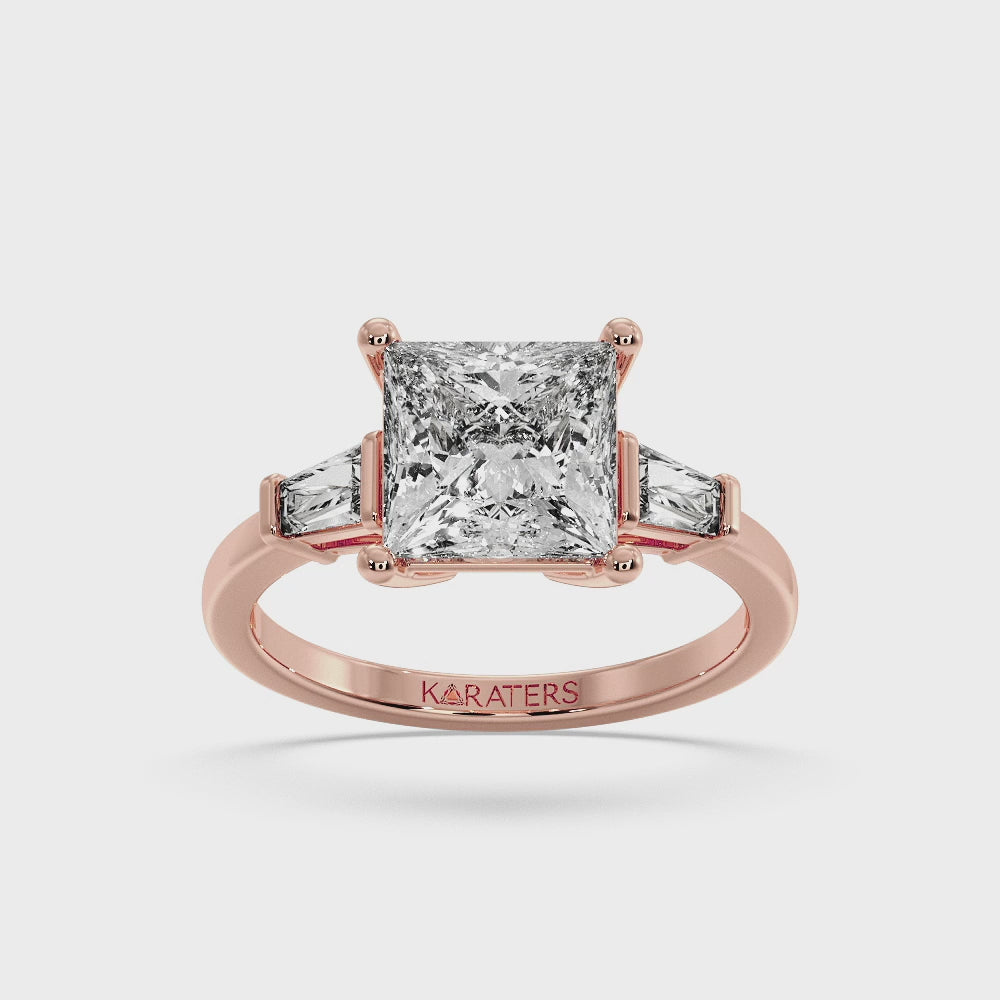 Princess Lab Diamond Solitaire Ring Tapered Baguette Rose Gold