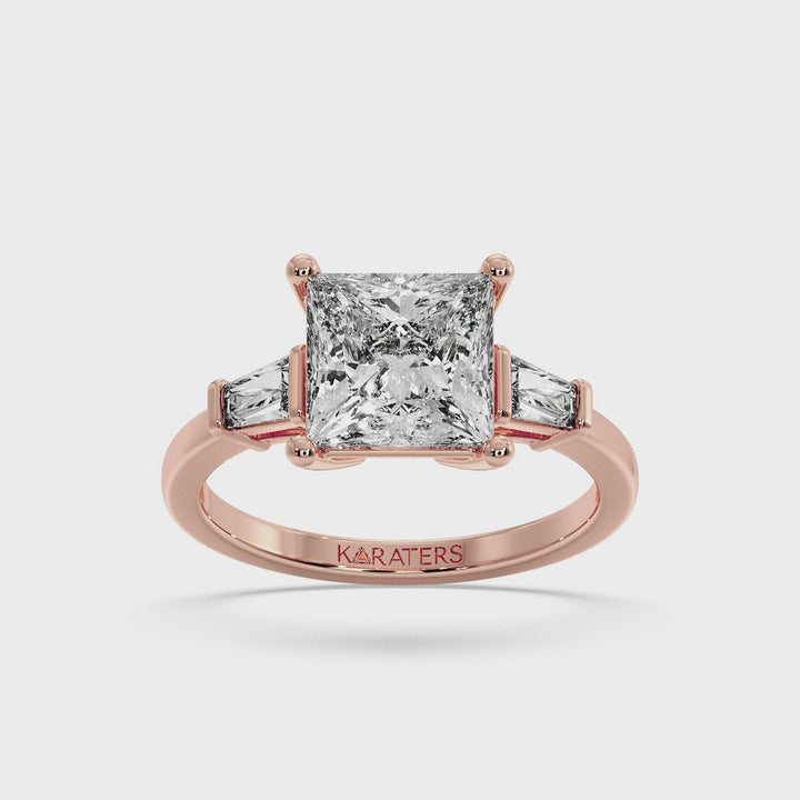 Princess Lab Diamond Solitaire Ring Tapered Baguette Rose Gold