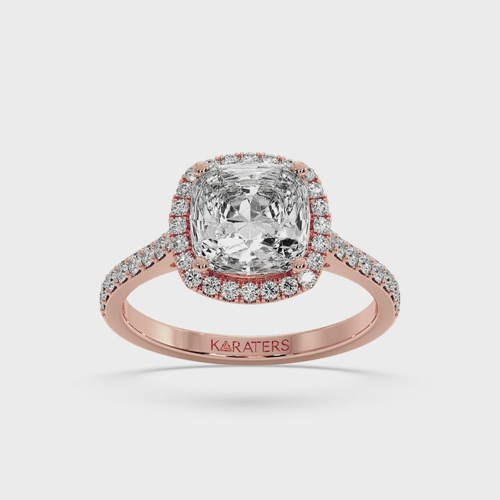 Cushion Cut Halo Lab Diamond Ring Thick Pave Band Rose