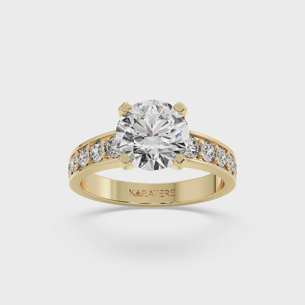 Almere - Round Cut Lab Grown Diamond Engagement Ring With SideStones, Yellow Gold