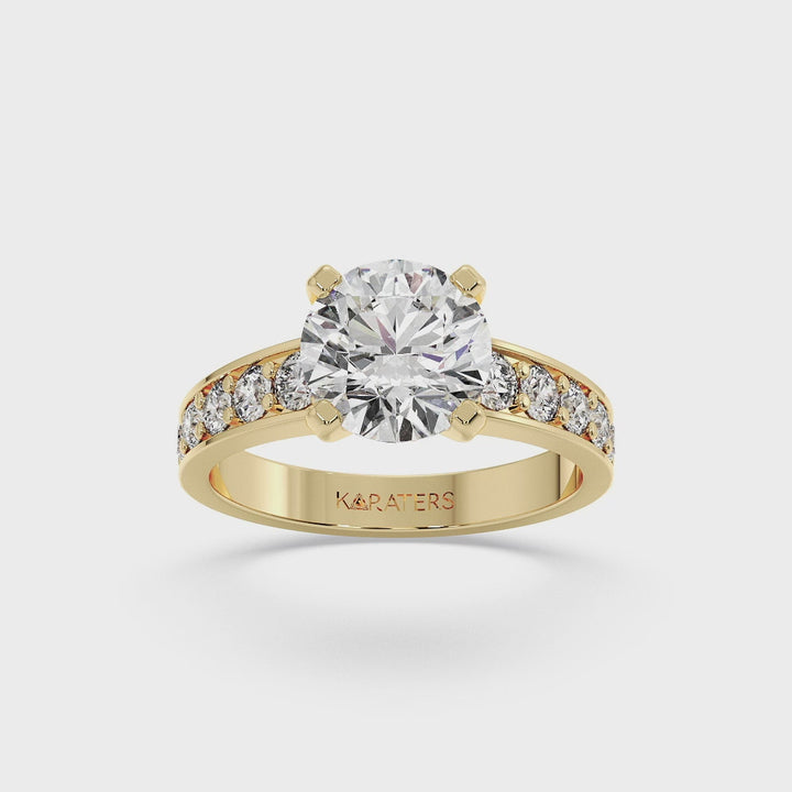 Almere - Round Cut Lab Grown Diamond Engagement Ring With SideStones, Yellow Gold