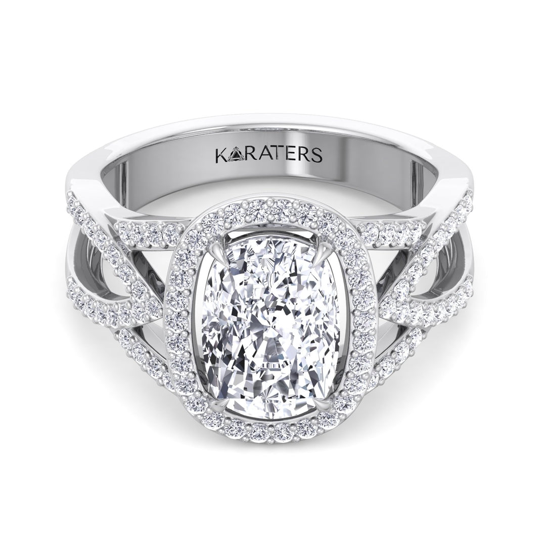 Anemone - Elongated Cushion Cut Lab White Gold Diamond Ring with Twist Band and Sidestones, Front