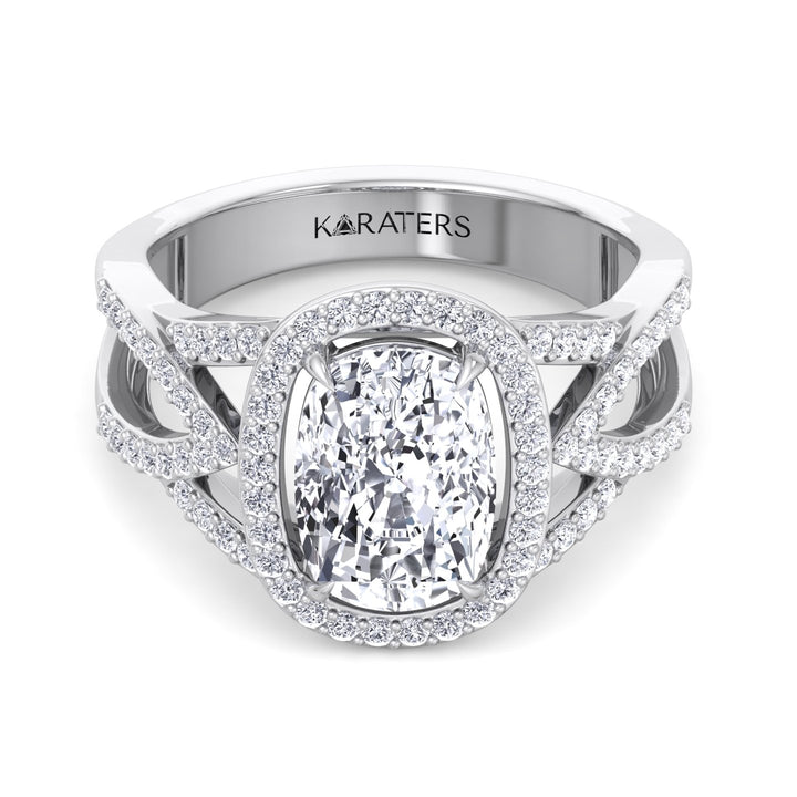 Anemone - Elongated Cushion Cut Lab White Gold Diamond Ring with Twist Band and Sidestones, Front