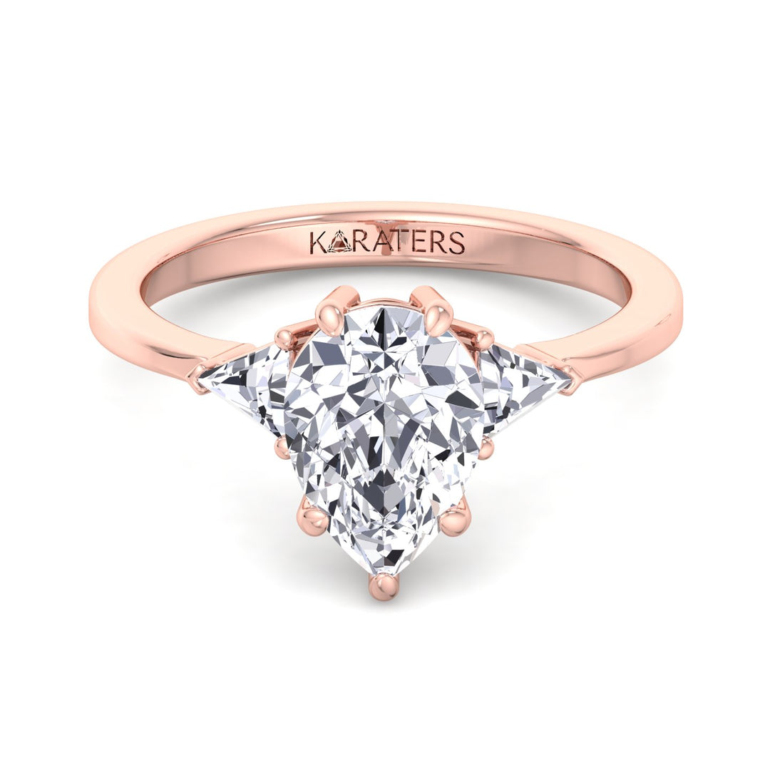 Beber-Pear Shape Lab Rose Gold Diamond Ring, Trillion Side Stones, Front