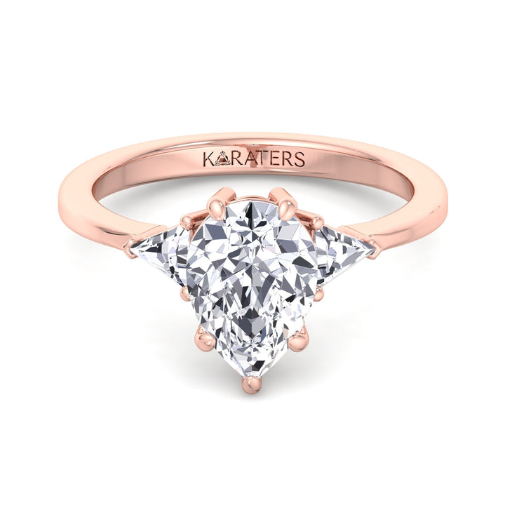 Beber-Pear Shape Lab Rose Gold Diamond Ring, Trillion Side Stones, Front