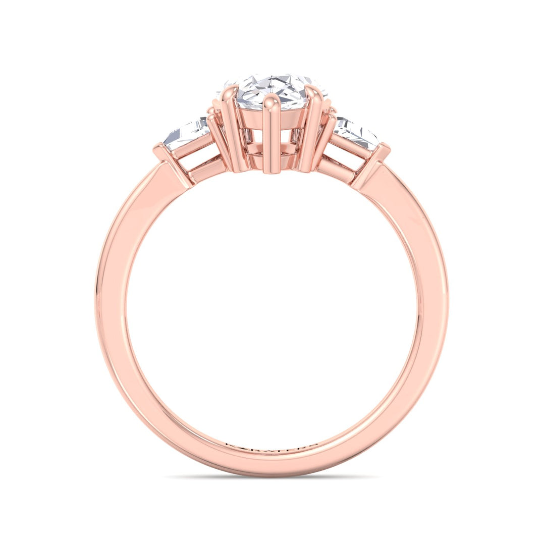 Beber-Pear Shape Lab Rose Gold Diamond Ring, Trillion Side Stones, Profile