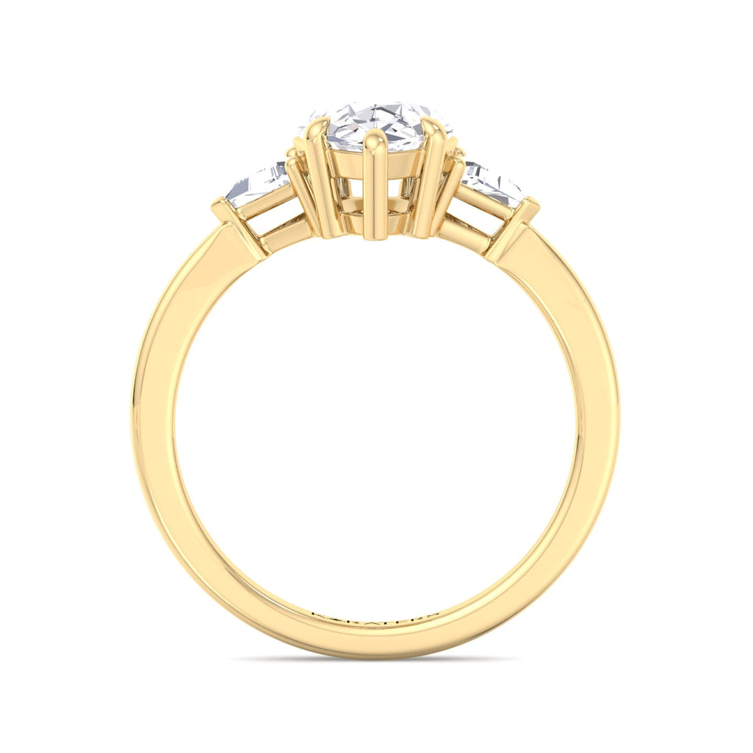 Beber-Pear Shape Lab Yellow Gold Diamond Ring, Trillion Side Stones, Profile