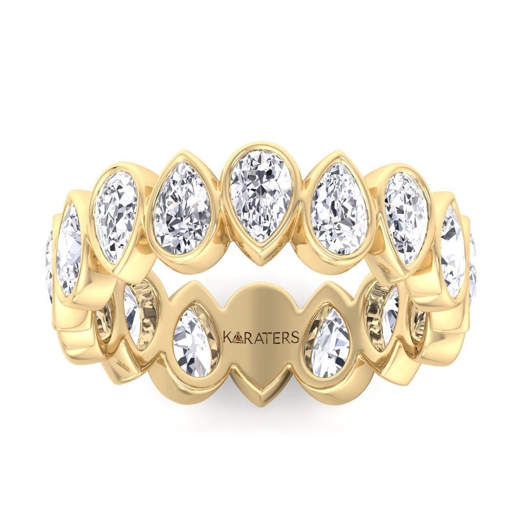 Bedford-Bezel Set Pear Lab Yellow Gold Diamond Eternity Band, Front, Top Down