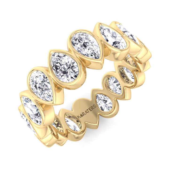 Bedford-Bezel Set Pear Lab Yellow Gold Diamond Eternity Band, Tilted