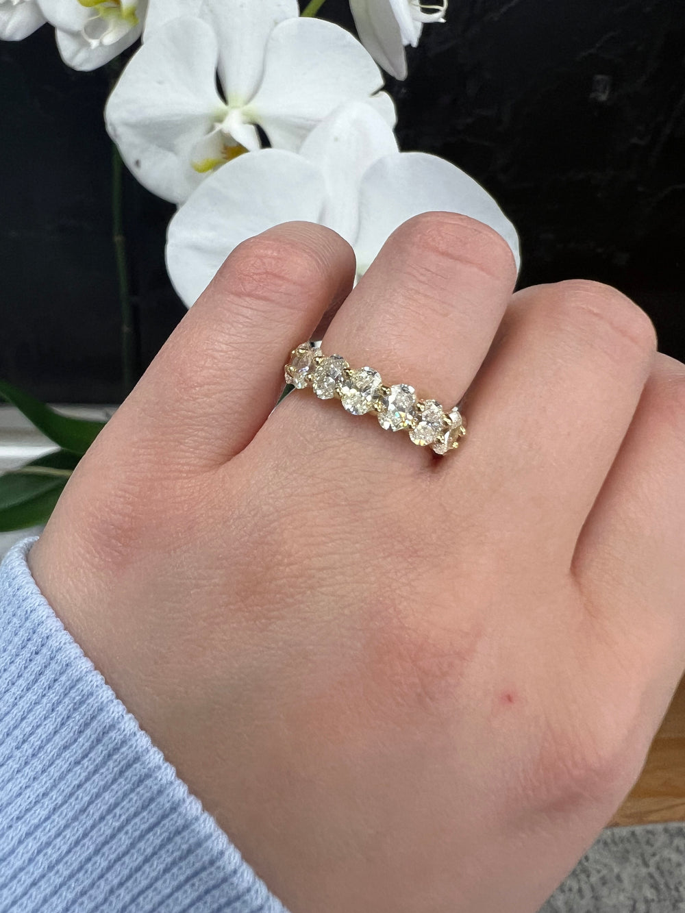 Candelli - Oval Cut Lab Yellow Gold Diamond Eternity Band, Female Hand