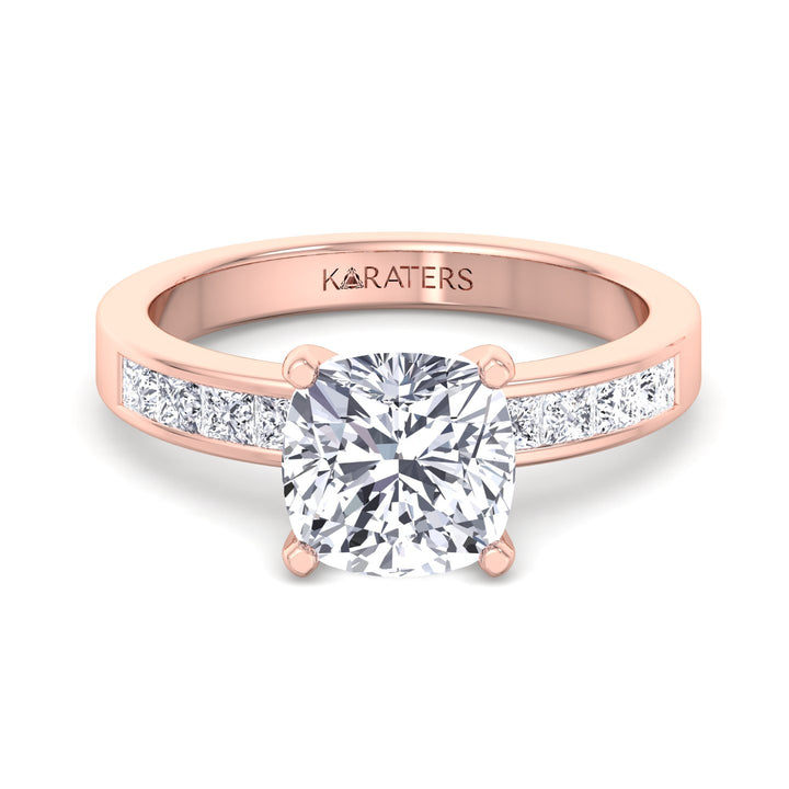 Cushion Lab Diamond Ring Princess SideStones Rose Gold