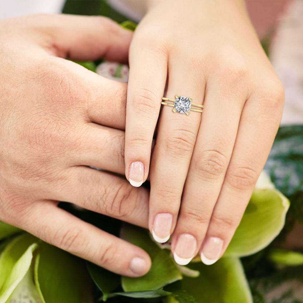 Cushion Solitaire Lab Diamond Ring Double Band Yellow Gold
