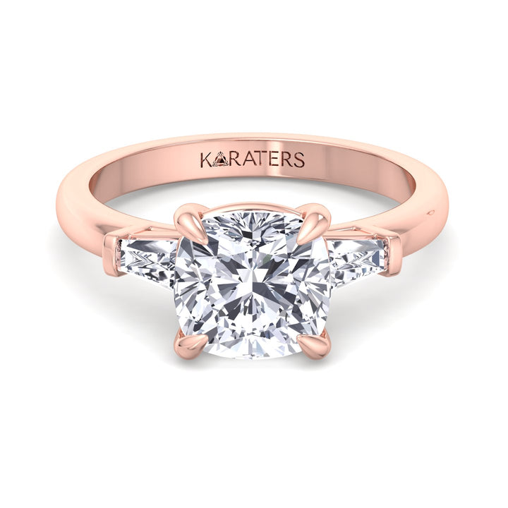 Cushion Solitaire Lab Diamond Ring Tapered Baguette Rose