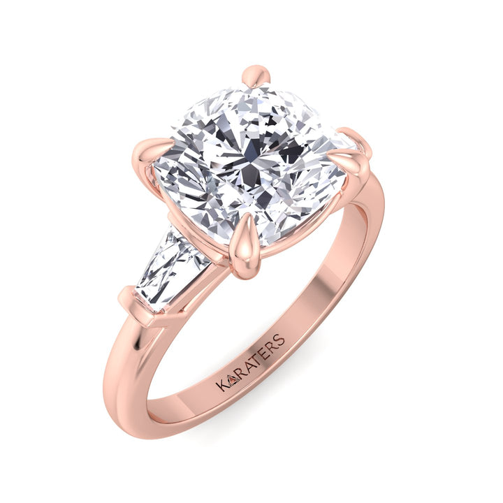 Cushion Solitaire Lab Diamond Ring Tapered Baguette Rose Gold