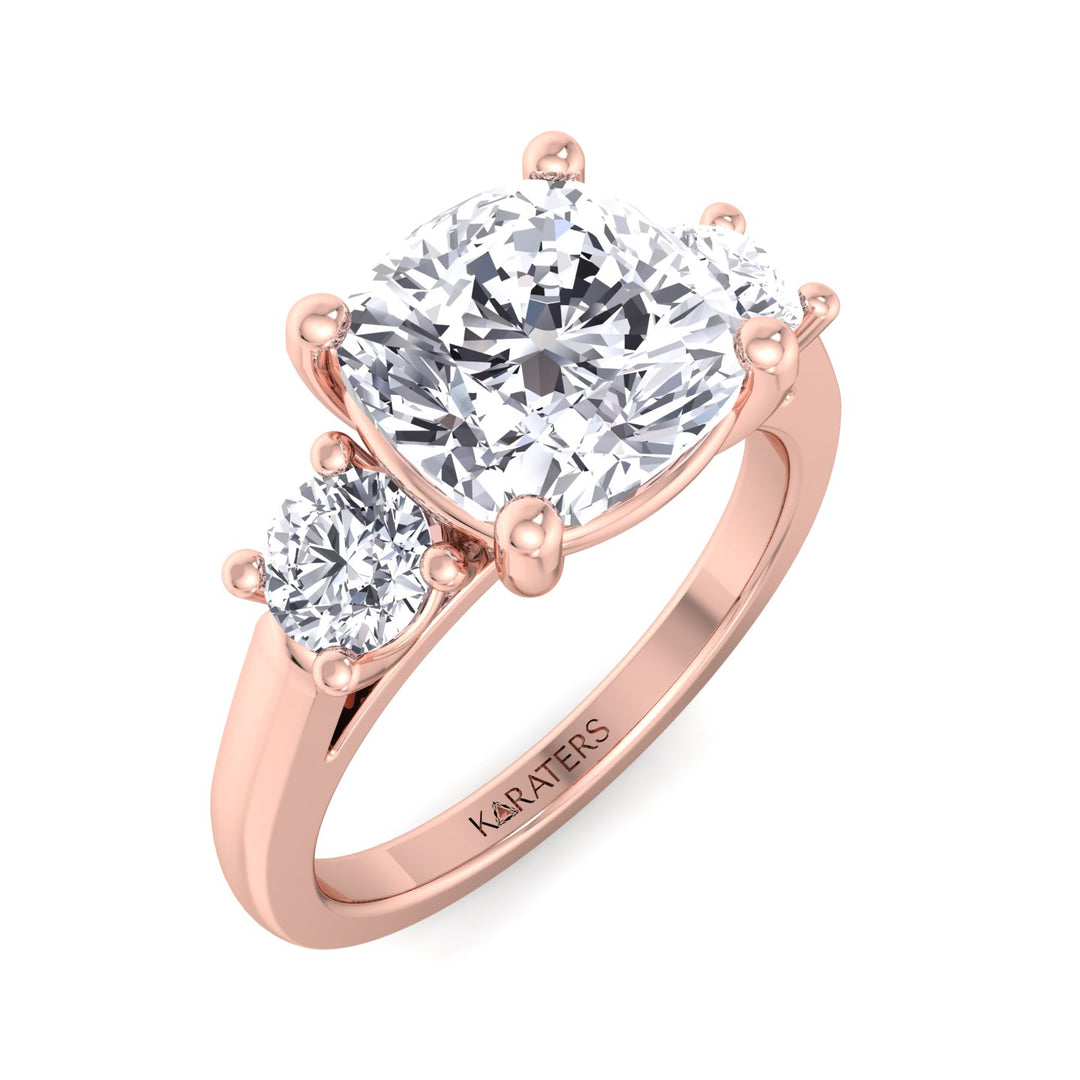 Cushion Solitaire Lab Diamond Rose Ring Round SideStones