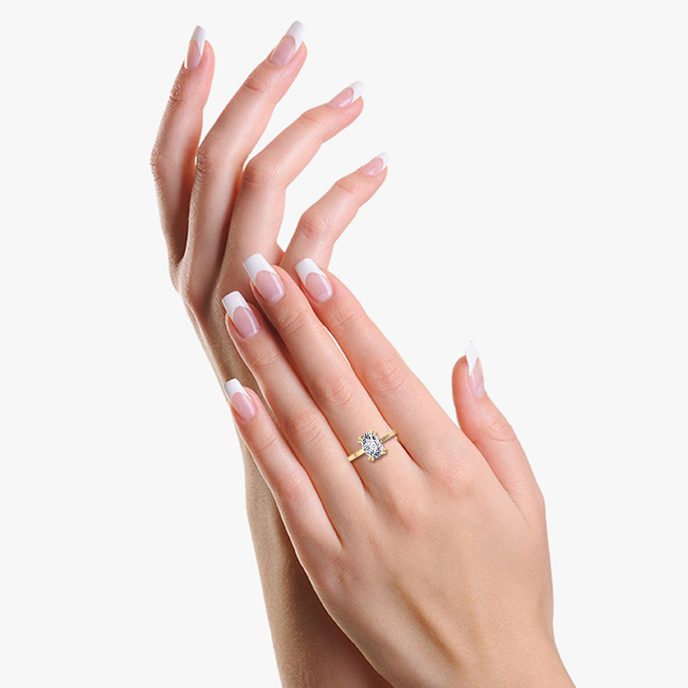 Elongated Cushion Solitaire Lab Yellow Gold, Diamond Ring, Female Hand