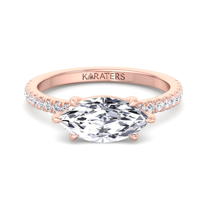 Enzian-East To West Marquise Lab Rose Gold Diamond Ring With Side Stones, Front
