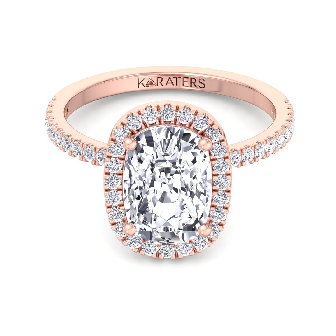 Gladioaus-Elongated Cushion Cut Halo Lab, Rose, Diamond Ring, Side Stones, Front