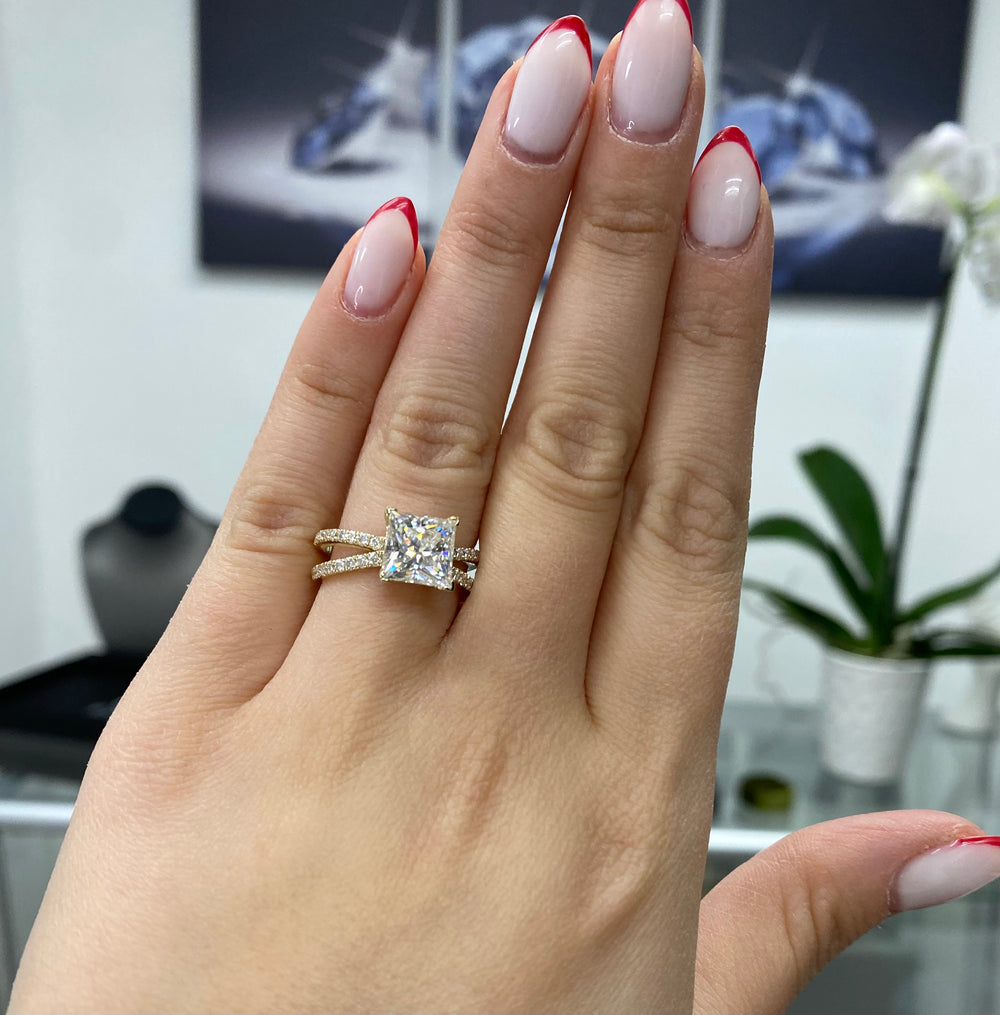 Lab-grown diamond engagement ring, close-up view showing sparkle and intricate setting