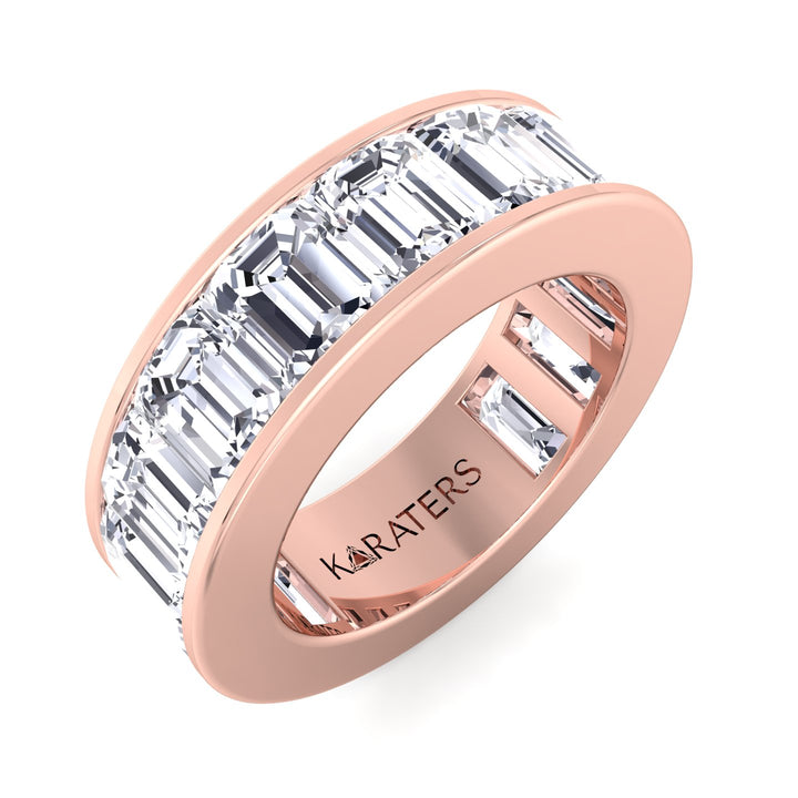Jumilla-Channel Set Emerald Lab Rose Gold Diamond Band, Tilted