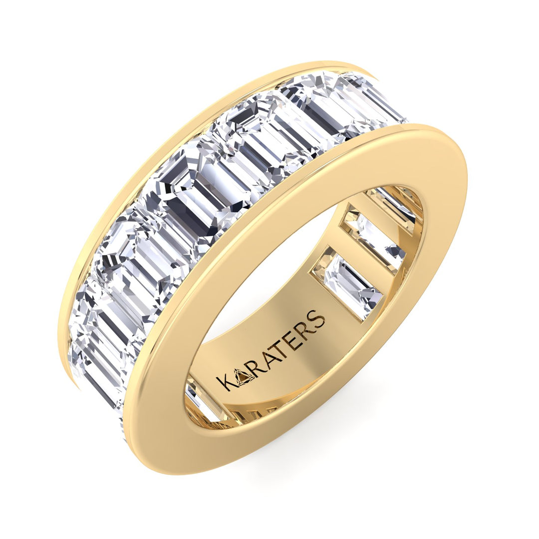 Jumilla-Channel Set Emerald Lab Yellow Gold Diamond Eternity Band, Top Down
