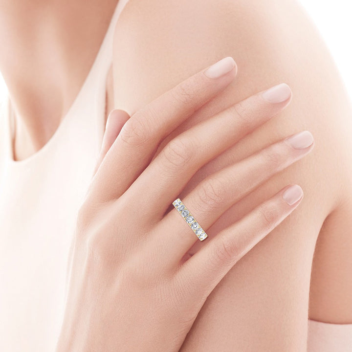 Luarca-Round Cut Lab Yellow Gold Diamond Eternity Band With Halo, Female Hand