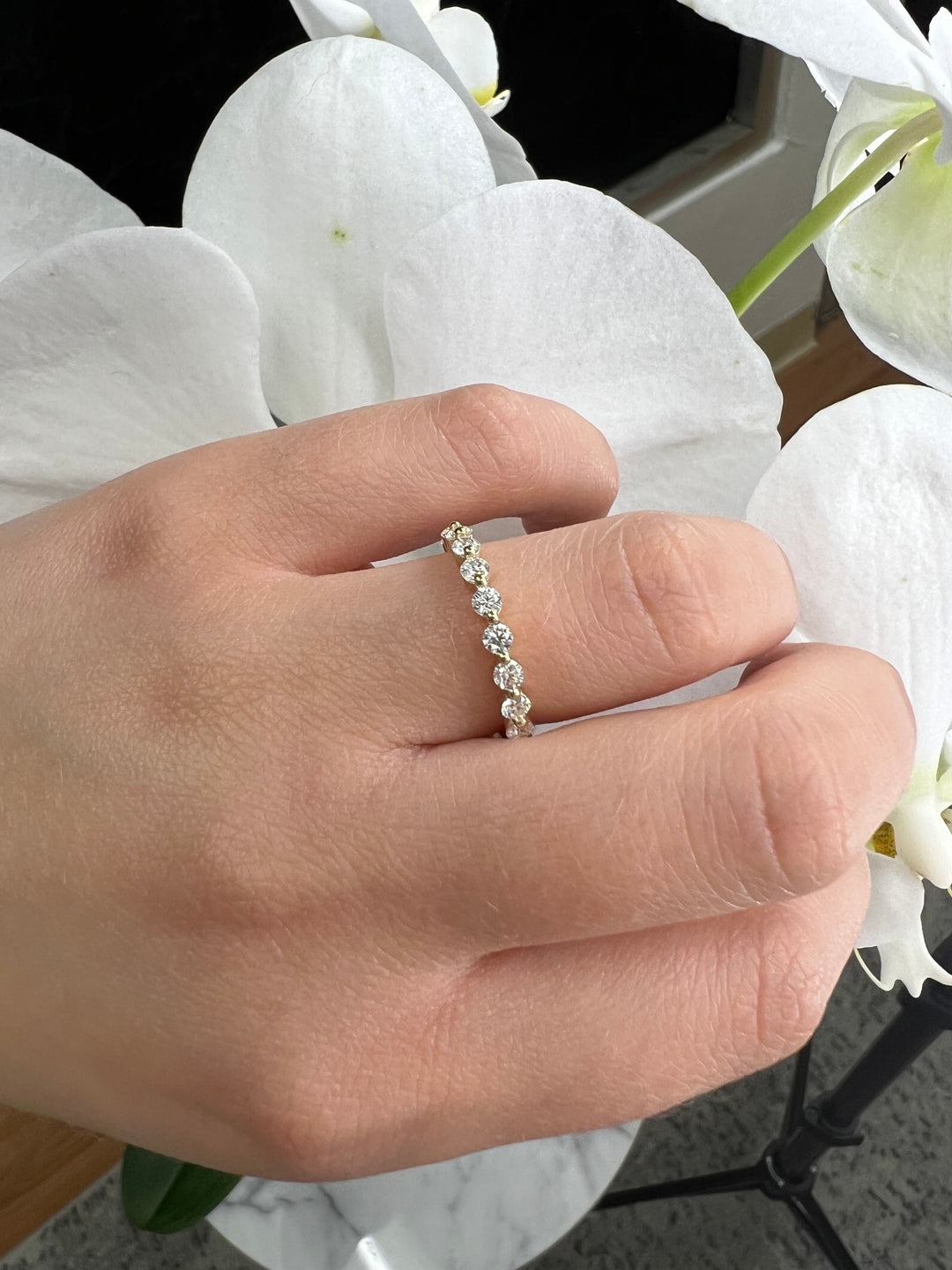 Murcia-Round Lab Yellow Gold Diamond Eternity Band, Female Hand