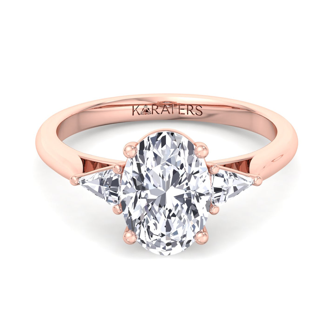 Oval Solitaire Diamond ring Trillion Side Stones Rose Gold