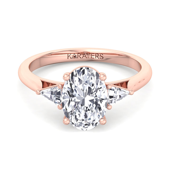 Oval Solitaire Diamond ring Trillion Side Stones Rose Gold
