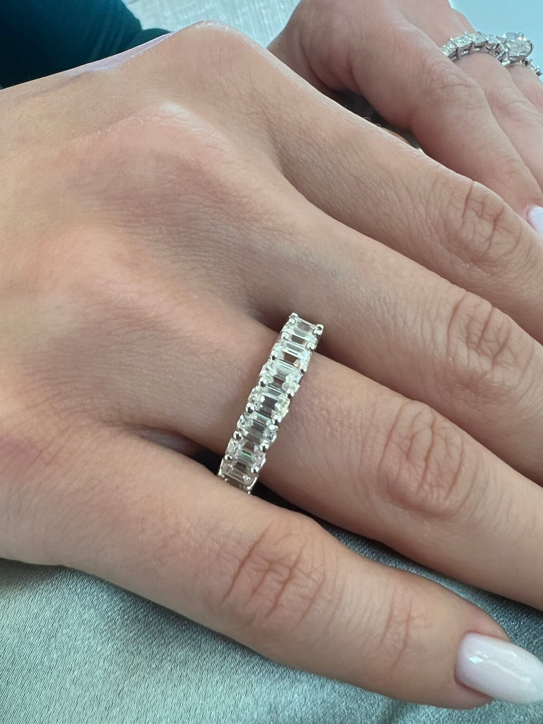 Palma - Emerald Cut Lab White gold Diamond - U Prong Eternity Band, On Hand