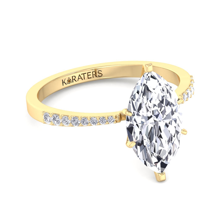 Pasadena-Marquise Cut Lab Yellow Gold Diamond Ring, SideStones, Front