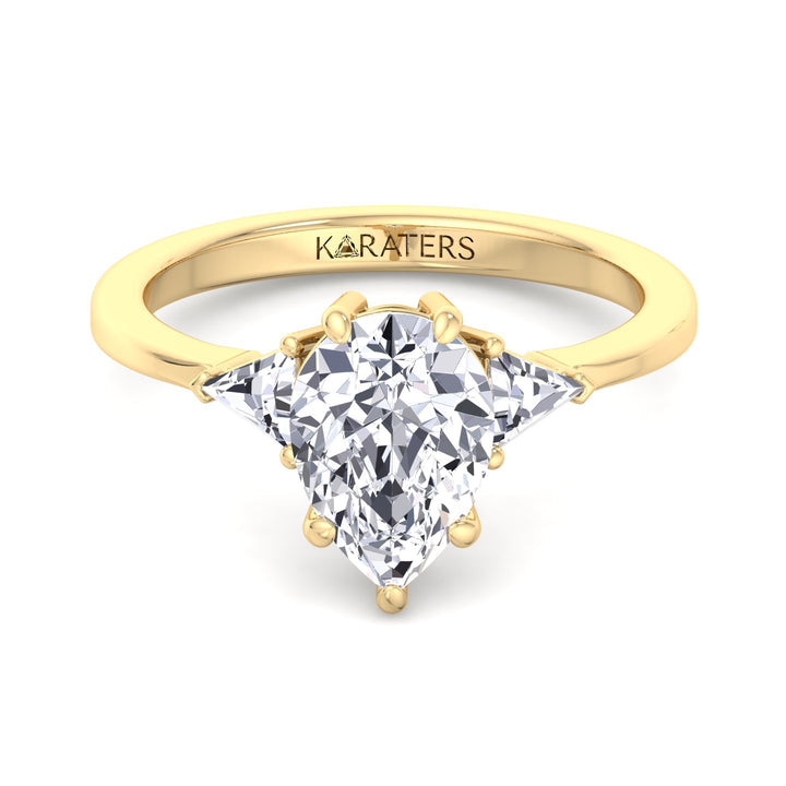 Beber-Pear Shape Lab Yellow Gold Diamond Ring, Trillion Side Stones, Front