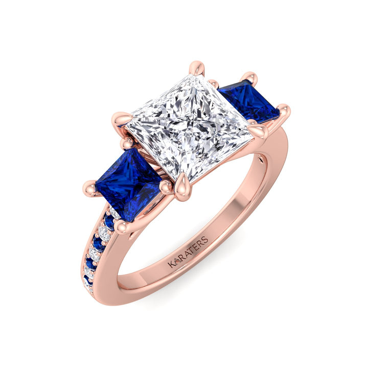 Princess Cut Lab Diamond Ring Sapphire Sidestones Rose