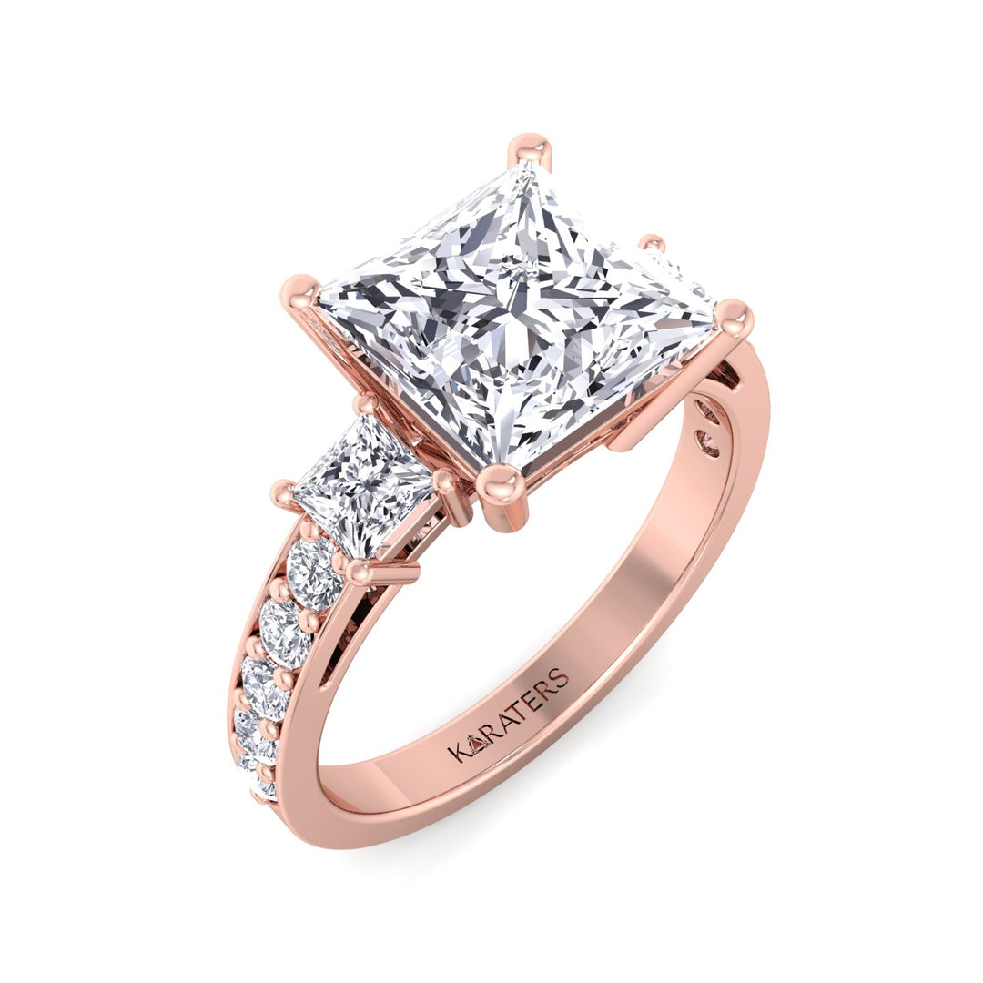 Princess Cut Lab Diamond Ring SideStones Rose Gold