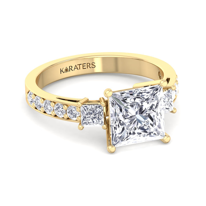 Princess Cut Lab Diamond Ring SideStones Yellow Gold